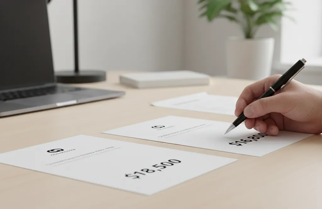 Three estimates are placed on a table, client is choosing the one with the least amount.