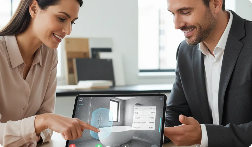 Clients interacting with a 3D model on a tablet with detailed cost breakdown.